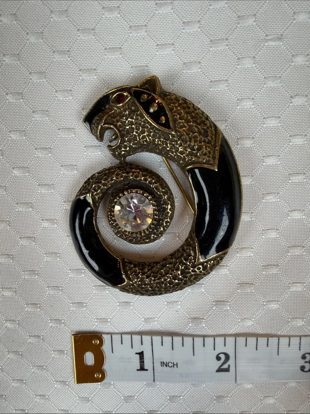 Vintage CORO Brass tone PANTHER Serpent Black Enamel Glass Crystal pin